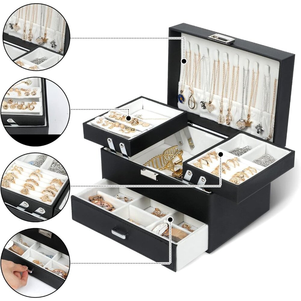 Jewelry Boxes for Women Girls, Jewelry Organizer Box, 3 Layers Jewelry Storage O - Picture 2 of 8